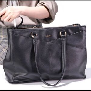 Laptop Tote Bag Black 15.6 Inch Waterproof PU Leather Handbag